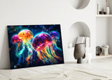 Neon Jellyfish Glass Wall Art || Designer Collection