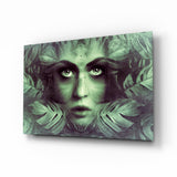 Tropical Leaf and Woman Portrait Glass Wall Art