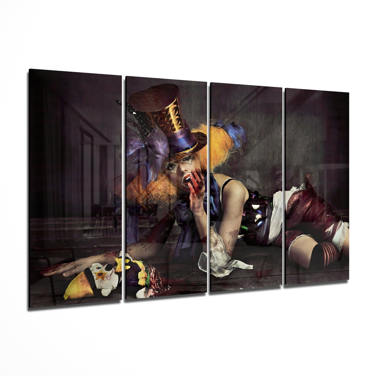 Woman Clown 4 Pieces Mega Glass Wall Art (59"x36") | Insigne Art Design