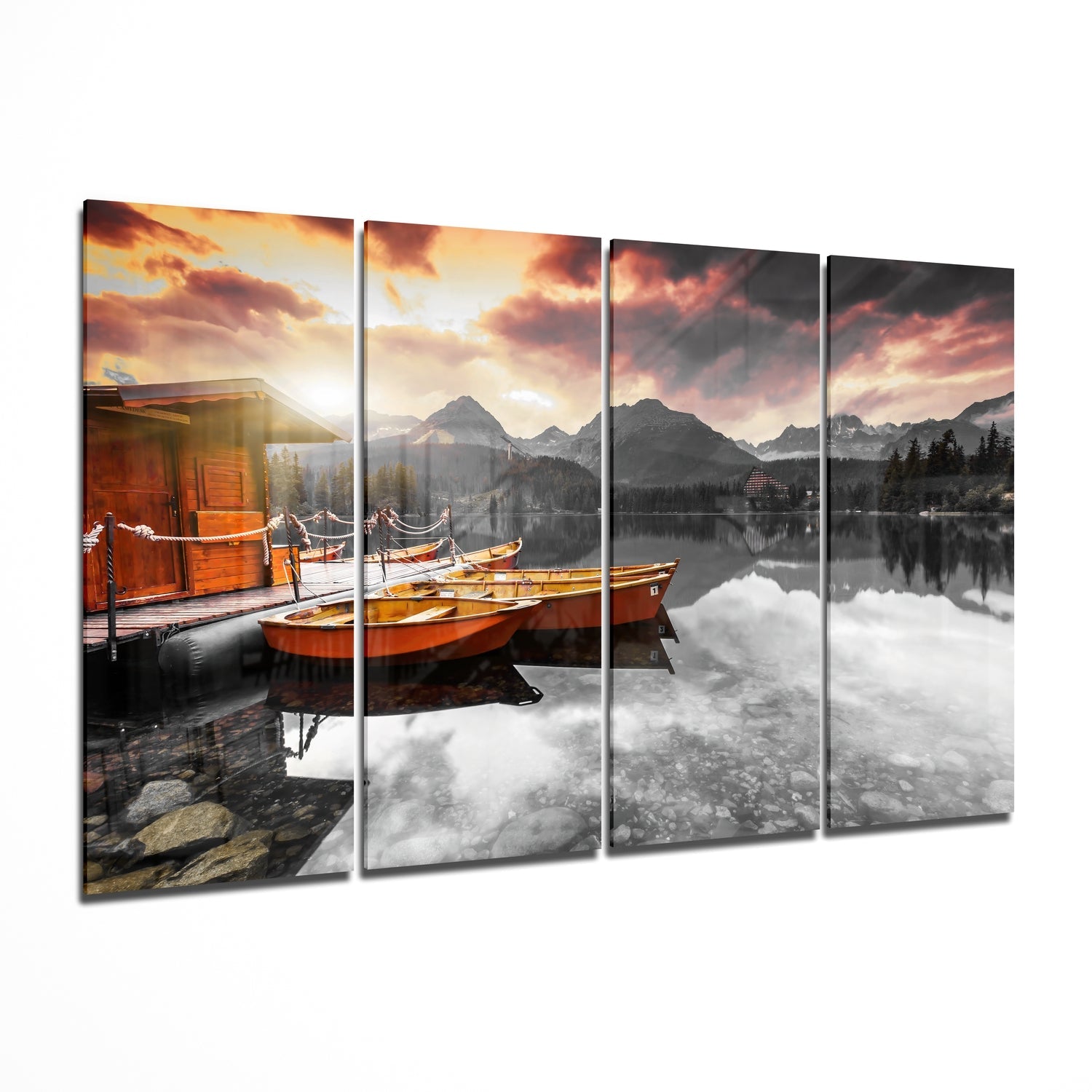 Sunset and Boats 4 Pieces Mega Glass Wall Art (59"x36") | Insigne Art Design